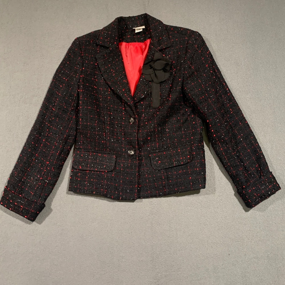 Fashion Bug Womens Medium Tweed Blazer Red Black Career Business Jacket Shiny